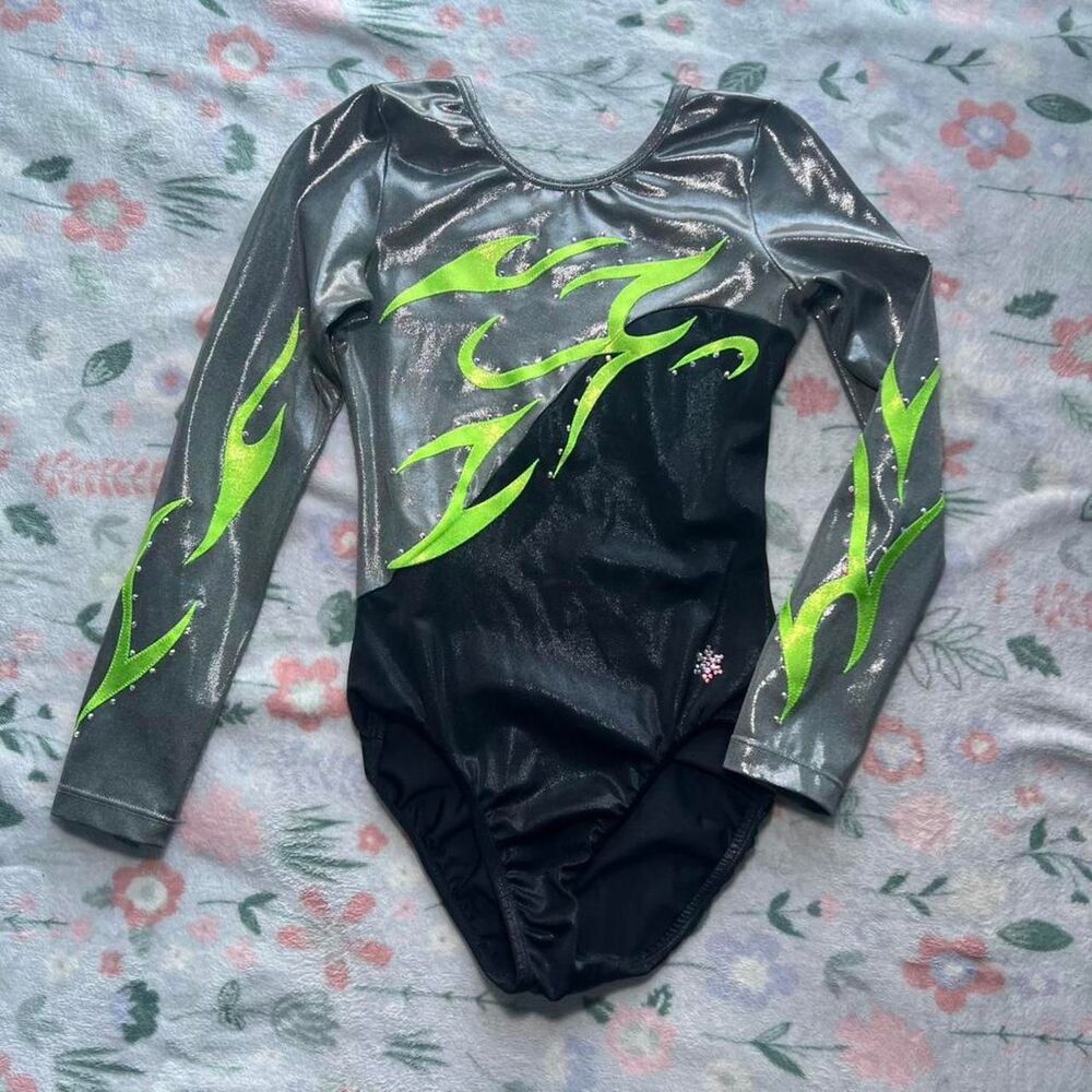 Snowflake Designs Metallic Neon Green Flame Long Sleeve Gymnastics Leotard